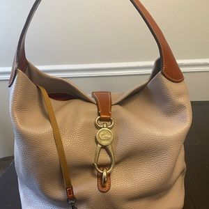 Dooney & Bourke logo lock sack taupe with British Tan leather trim